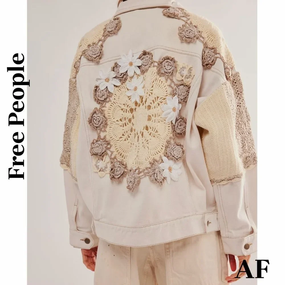 Free People Bali Rare Dainty Dolly Hearts Crochet Women's Denim Jacket Large NWT - Picture 3 of 7